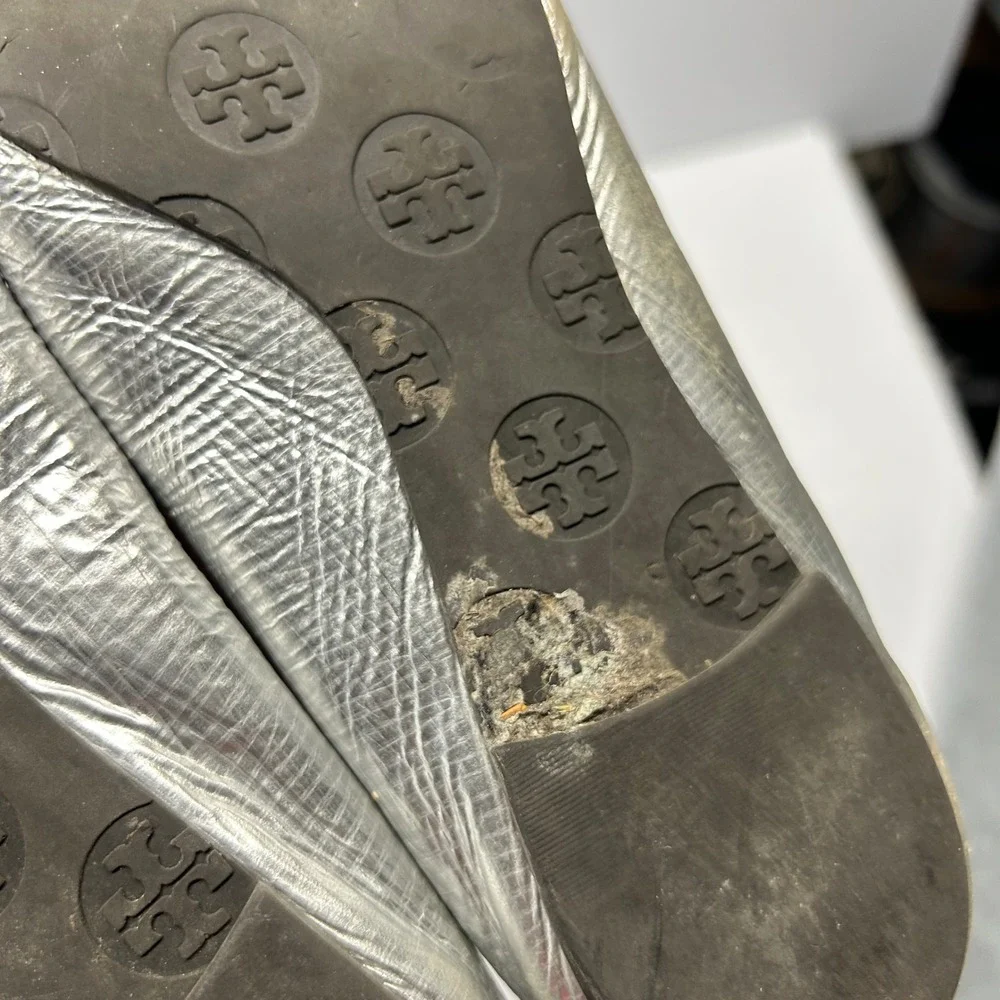 Tory Burch Reva Ballet Flats Silver Womens Size 7 Metallic Leather Logo Logo